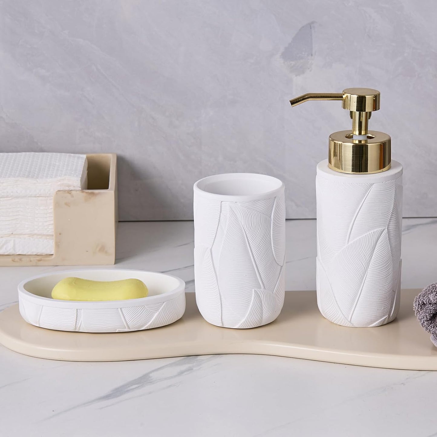 Tropical Leaves Carved Bathroom Accessories Set 3 Pcs for Countertop - Toothbrush Holder Cup, Foaming Soap Dispenser, Soap Dish - Modern Bathroom Décor Accessory Set for Housewarming Gift (White)