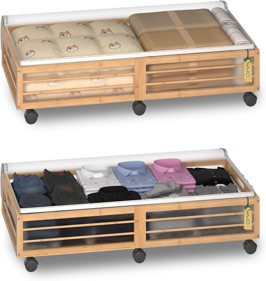 Under Bed Storage Containers with Wheels, Larger Bamboo Wood Under Furniture Storage Containers with Dust Bags，Rolling for Shoes Clothes