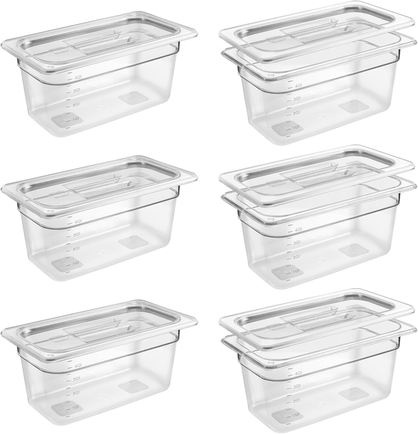 6 Pack 1/3 Size 6'' Deep Clear Food Pans with Lids, Commercial Food Pans Polycarbonate Transparent Food Storage Containers, Stackable Plastic Pan with Capacity Scale, Restaurant Supplies Hotel Pan