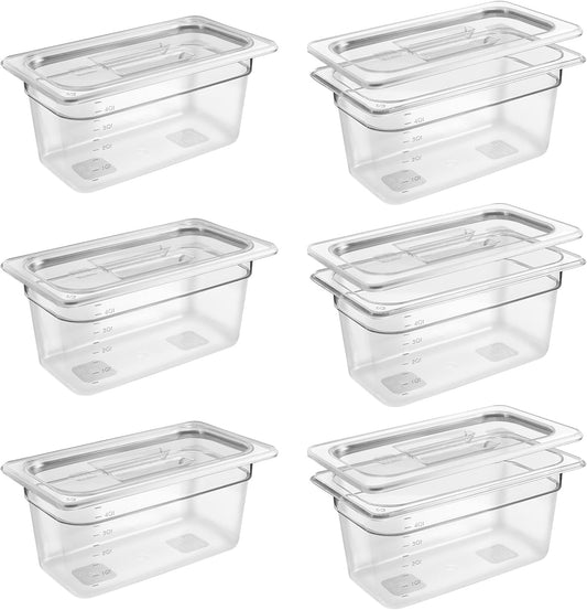 6 Pack 1/3 Size 6'' Deep Clear Food Pans with Lids, Commercial Food Pans Polycarbonate Transparent Food Storage Containers, Stackable Plastic Pan with Capacity Scale, Restaurant Supplies Hotel Pan