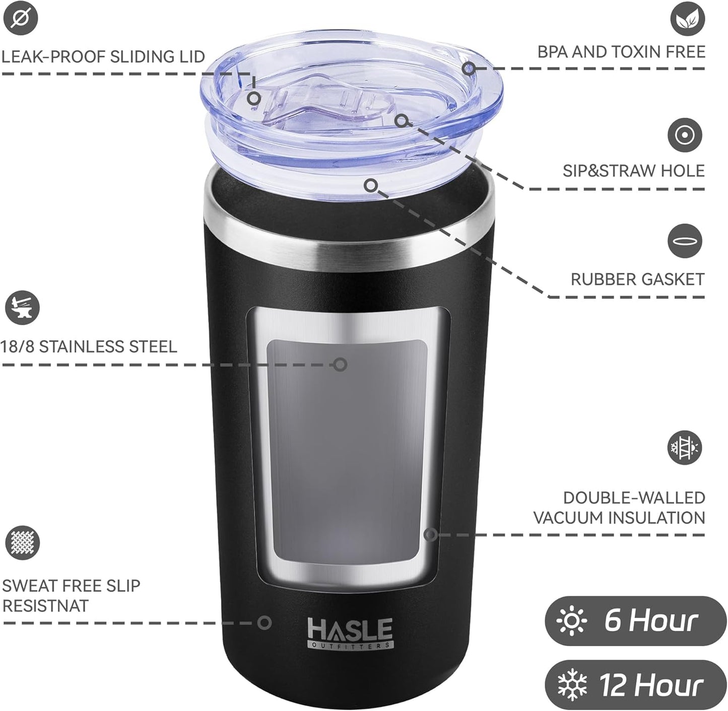 HASLE OUTFITTERS 12 oz Skinny Tumbler, Stainless Steel Insulated Slim Tumbler with Lid, Reusable Double Wall Travel Coffee Mug, Durable Powder Coated Travel Water Cup(Black, 1)