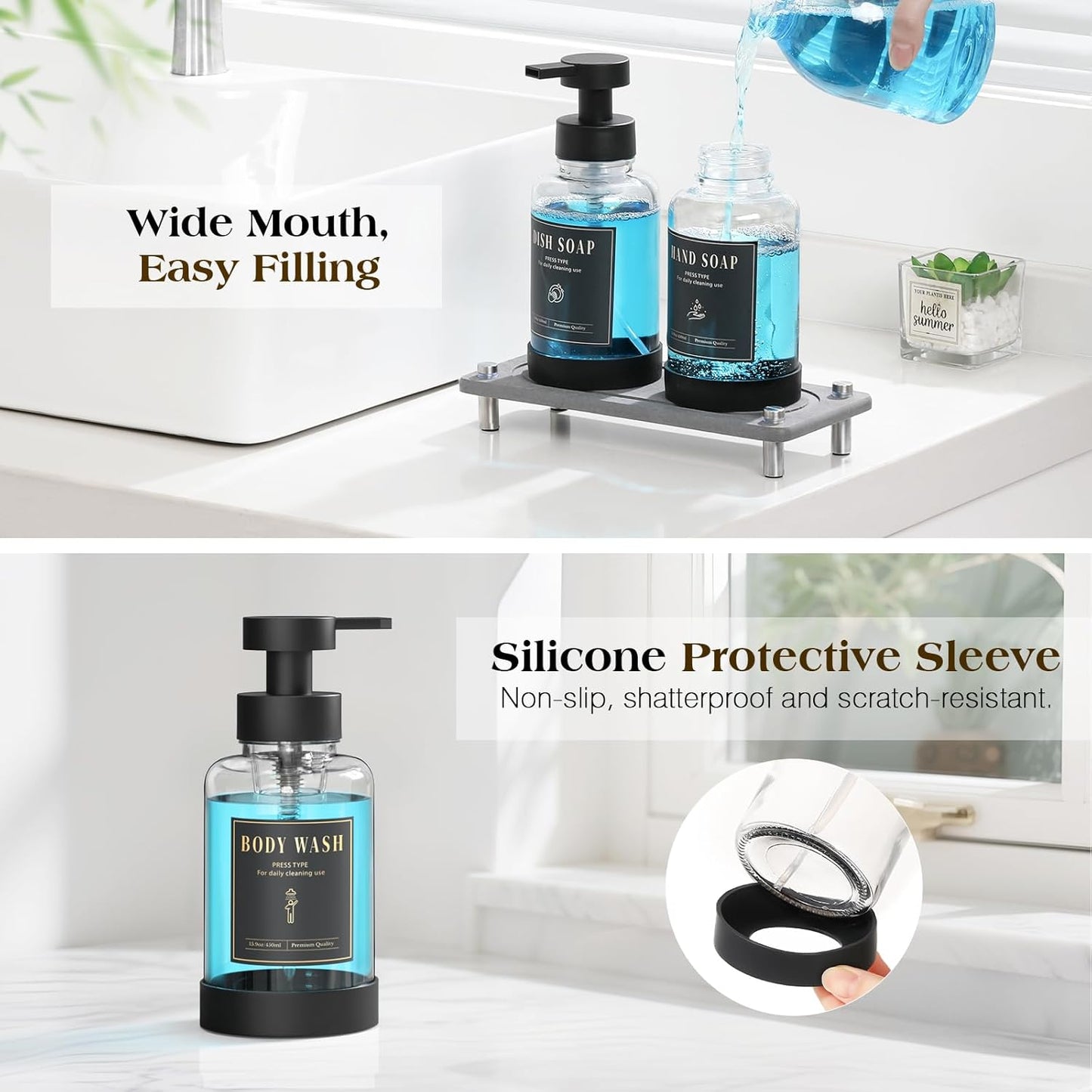 Luxspire Foaming Soap Dispenser, Non-Slip Hand Soap Dispenser with Fast Drying Tray, 15oz Glass Refillable Liquid Bottle for Bathroom & Kitchen, 2 Pack, Transparent + Dark Gray