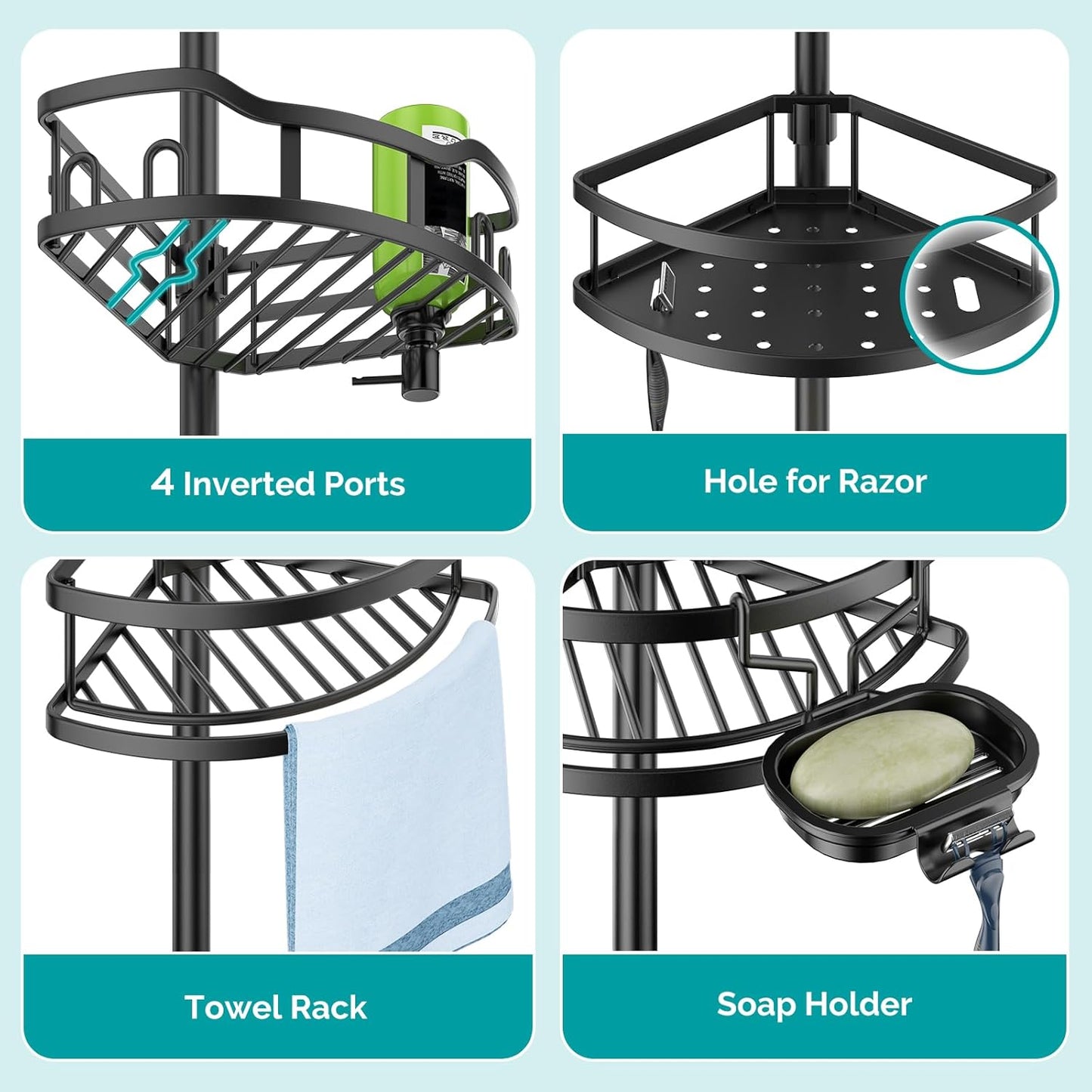 HAMITOR Corner Shower Caddy Tension Pole: Rustproof Stable 4-Tier Bathroom Organizer Shelves for Bathtub Shampoo Storage - 47-121 Inch Quick Install Adjustable Standing Rack with Soap Rack - Black
