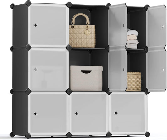 SONGMICS Cube Storage Organizer, Set of 9 Plastic Cubes, Closet Storage Shelves, DIY Plastic Closet Cabinet, Modular Bookcase, Shelving with Doors for Bedroom, Living Room, Black and White ULPC116HS