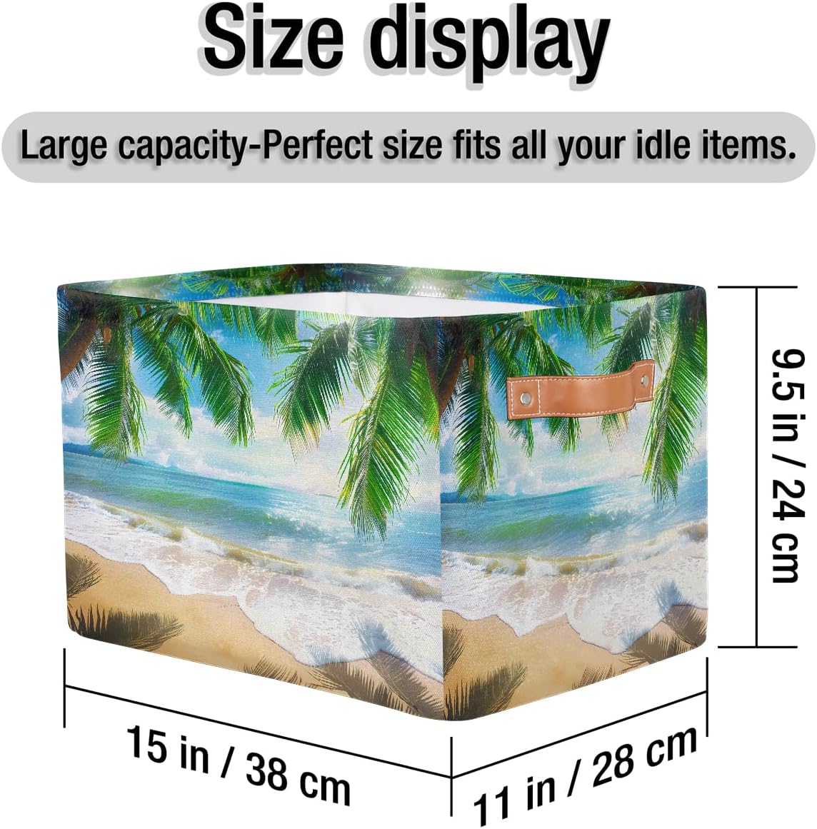 Beach Tropical Coconut Tree Storage Basket for Shelves, Storage Bins with Handles, Collapsible Basket for Organizing, Closet Toy Baskets for Nursery Room, 15x11x9.5 in, Canvas, Summer Beach