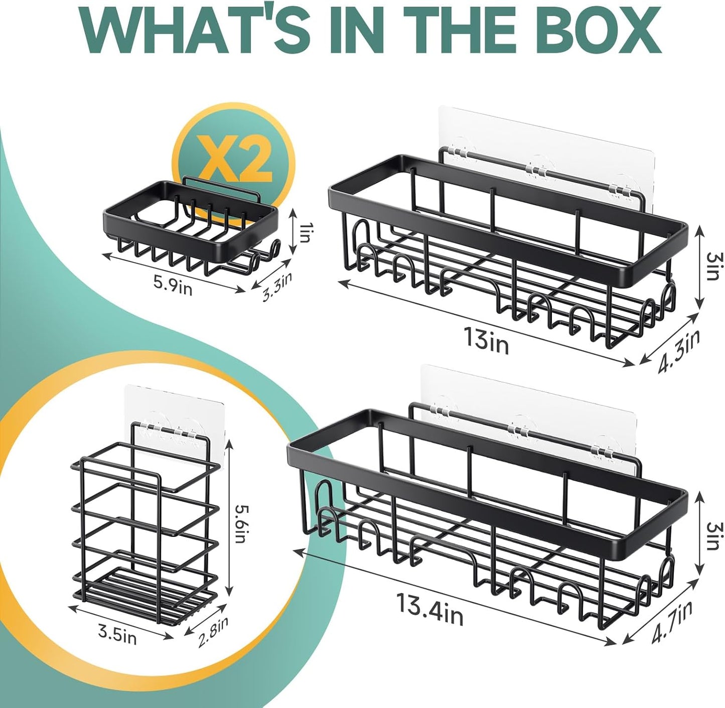 Veken Rustproof & Waterproof Shower Caddy 5-Pack, No Drilling Adhesive Wall Mounted Shower Shelves, Racks For Inside Shower, Large Bathroom Organizer Storage Accessories, Ideal for Home&Kitchen, Black