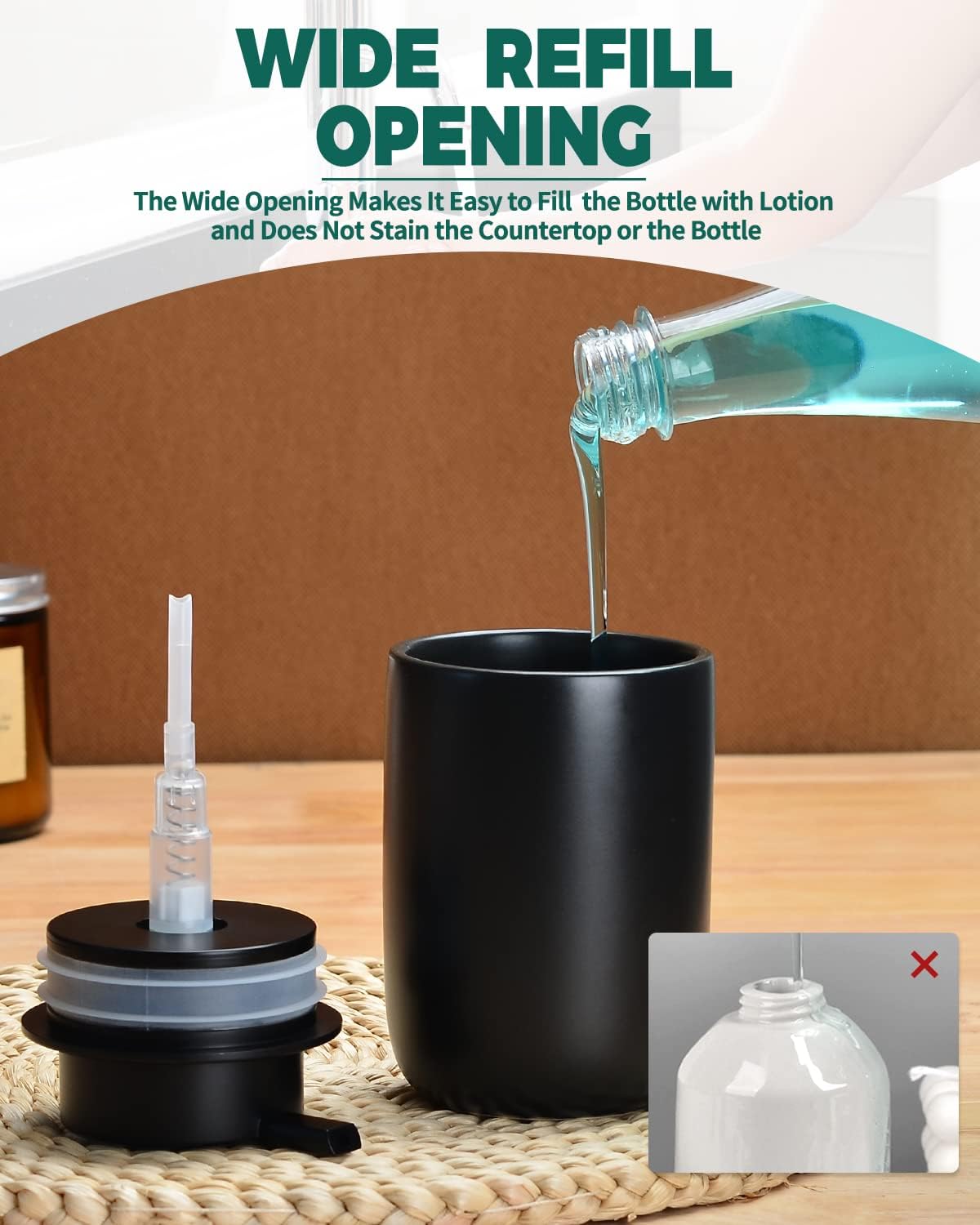 BosilunLife Lotion Pump Dispenser - Matte Black Soap Dispenser Bathroom Ceramic Dish Liquid Soap Dispenser for Kitchen, Bathroom Countertop Soap Dispensers