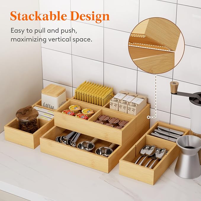 Lifewit Drawer Organizers 5 Pack(11 Grid) with 6 Inserts, Adjustable Bamboo Wooden Drawer Dividers, Stackable Storage Box for Utensils, Silverware, Makeup, Junk in Kitchen/Bathroom/Office/Vanity