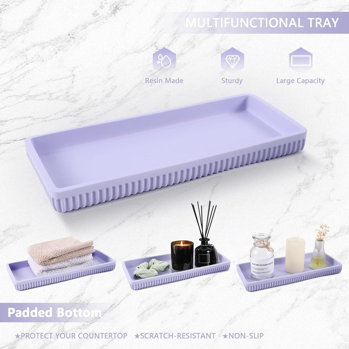 Resin Light Purple Bathroom Accessories Set 5 Pcs, Lotion Soap Dispenser, Toothbrush Holder, Bathroom Tumbler, Qtip Holder and Vanity Tray, Bathroom Countertop Organizer Set for Home Apartment