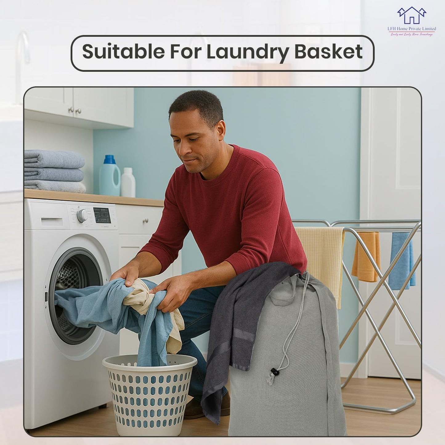 LFH Home Cotton Canvas Large Laundry Bag with Handle, Heavy Duty Drawstring Closure Washable Laundry Bags, School Travel, Home, Hotel, College Dorm, Organizer Sack, Toys Clothes 24x36 (Pack of 2)-Grey