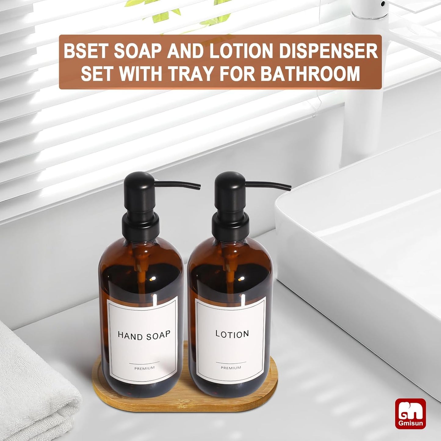 GMISUN Amber Glass Soap Dispenser, 2 Pack Bathroom Hand Soap Dispensers with Bamboo Tray, 17 Fl Oz Kitchen Hand and Dish Soap Dispenser Set, Modern Vintage Liquid Brown Soap Dispensers Bottle