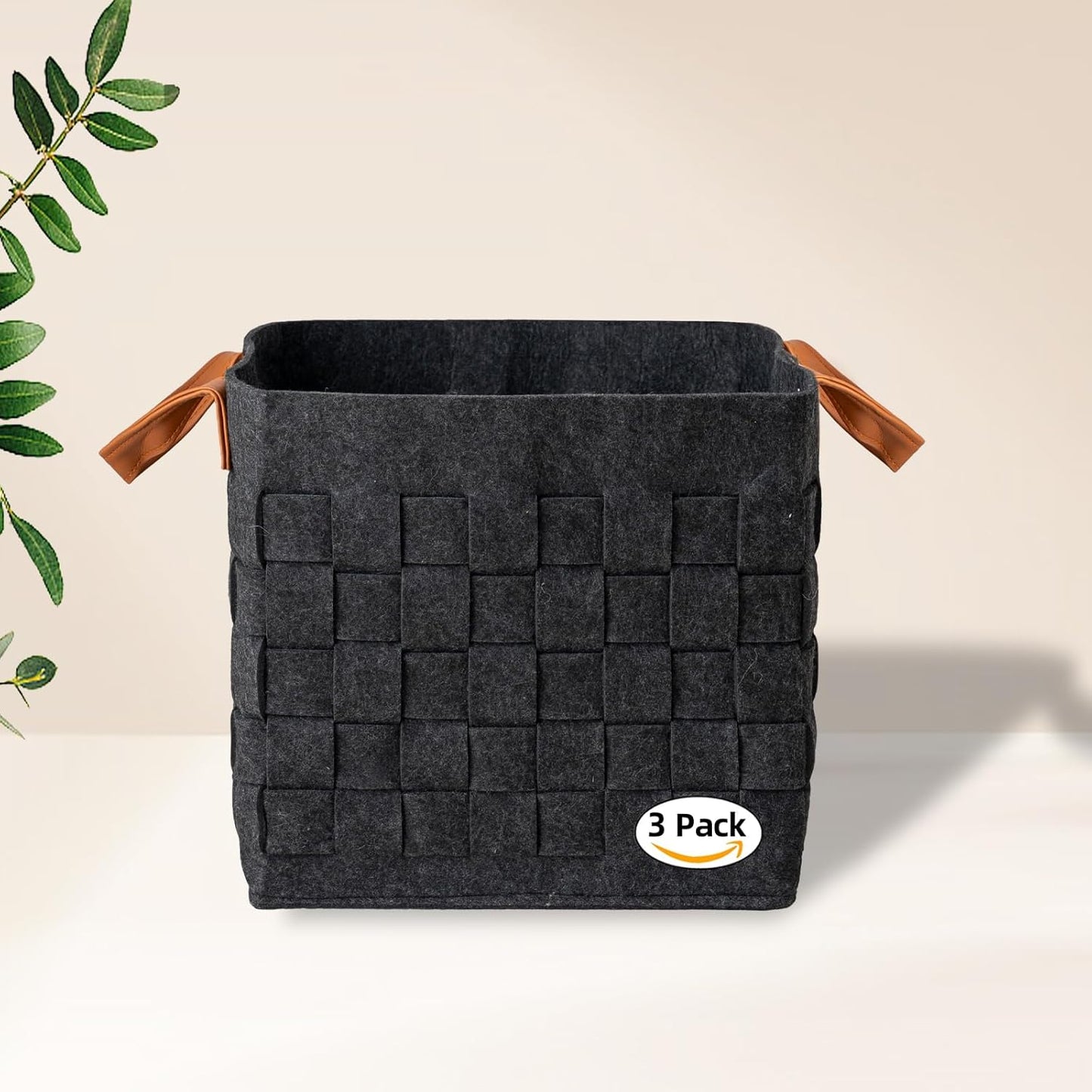 Storage Basket 3 Pack, 13" x13" x13 " Large Blanket Baskets with Leather Handle, Cube Felt Fabric Storage Box for Shelves, Bedroom, Nursery, Living Room - Dark grey