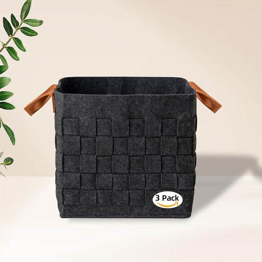 Storage Basket 3 Pack, 13" x13" x13 " Large Blanket Baskets with Leather Handle, Cube Felt Fabric Storage Box for Shelves, Bedroom, Nursery, Living Room - Dark grey