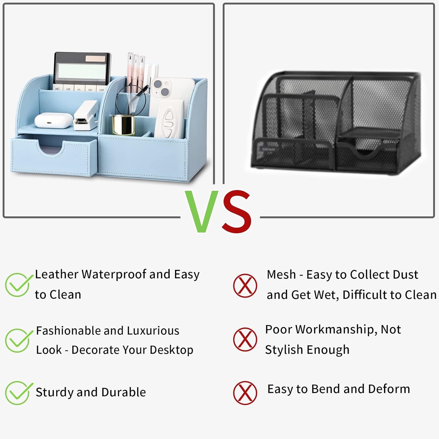 KINGFOM Pu Leather Desk Organizer Pen Pencil Holder Office Supplies Caddy Storage Box 6 Compartments with Drawer Blue