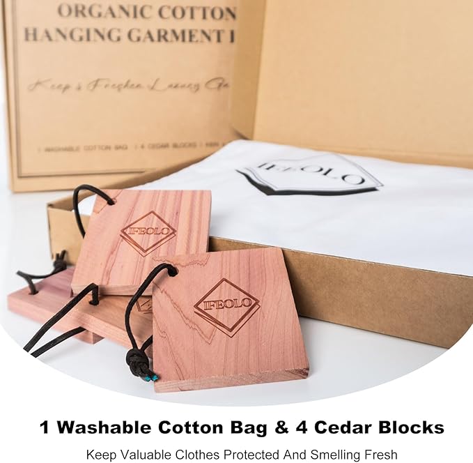 1PC Luxury 48'' Organic Cotton Garment Storage Bag | 4 Cedar Blocks for Fresh Smell| Breathable Garment Bag for Hanging Clothes for Closet Best for Suits, Sweaters, Short Dresses, Gowns