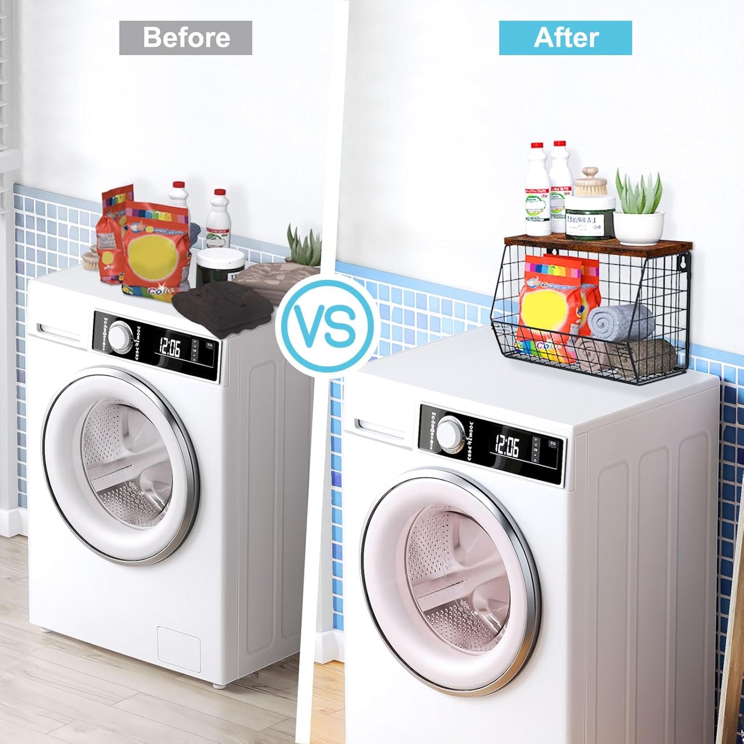 Laundry Room Shelves Wall Mounted with Storage Basket - Stackable Wire Wall Shelves Organizer for Towels, Detergent, Tissues | Space-Saving Over Washer & Dryer, Small Spaces(11.8"Wx7.9"Dx8.5"H)