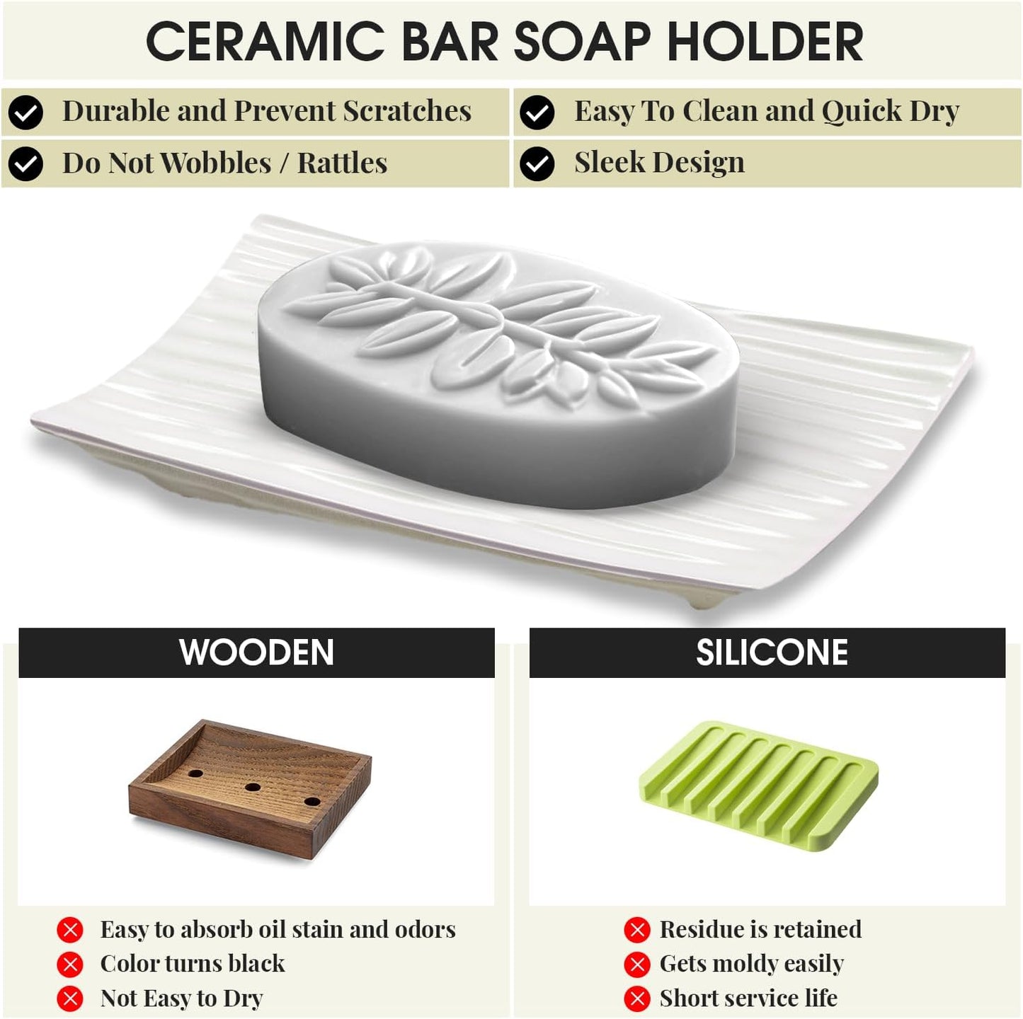 Modern Zen White Soap Dish - 4.9 x 3 Inches - Durable Ceramic Bar Soap Holder with Soap Saver Ridges, Non Slip Feet - Soap Dish for Shower, Bathroom and Kitchen