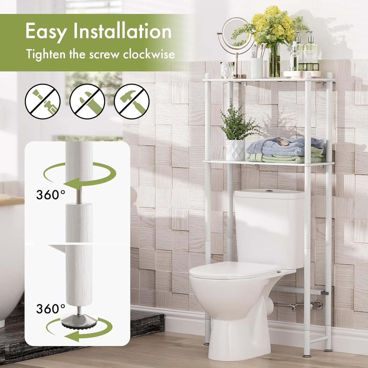 AmazerBath Bamboo Over The Toilet Storage Shelf, 2-Tier Over Toilet Bathroom Organizer Rack, Bathroom Shelves Over Toilet Space Saver, White