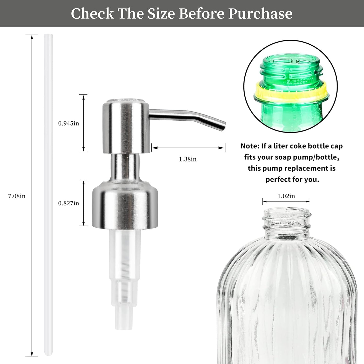 6 Pack Soap Dispenser Pump Replacement, 304 Rust Proof Stainless Steel Soap Dispenser Lids for Regular 28/400 Neck Bottles, Soap and Lotion Dispenser Pump for Kitchen, Bathroom
