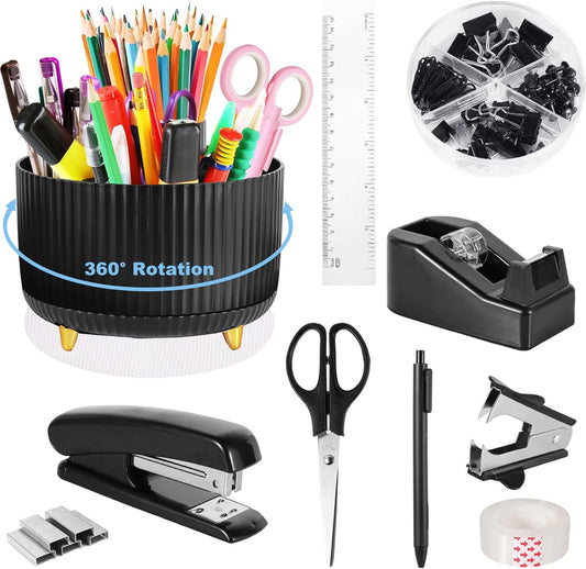 Desk Organizers and Accessories Set with 360-Degree Rotating Pen Holder, Tape Dispenser, Stapler, Staple Remover, 1000 Staples, Tape, Clips Set, Ruler, Scissor, Pen