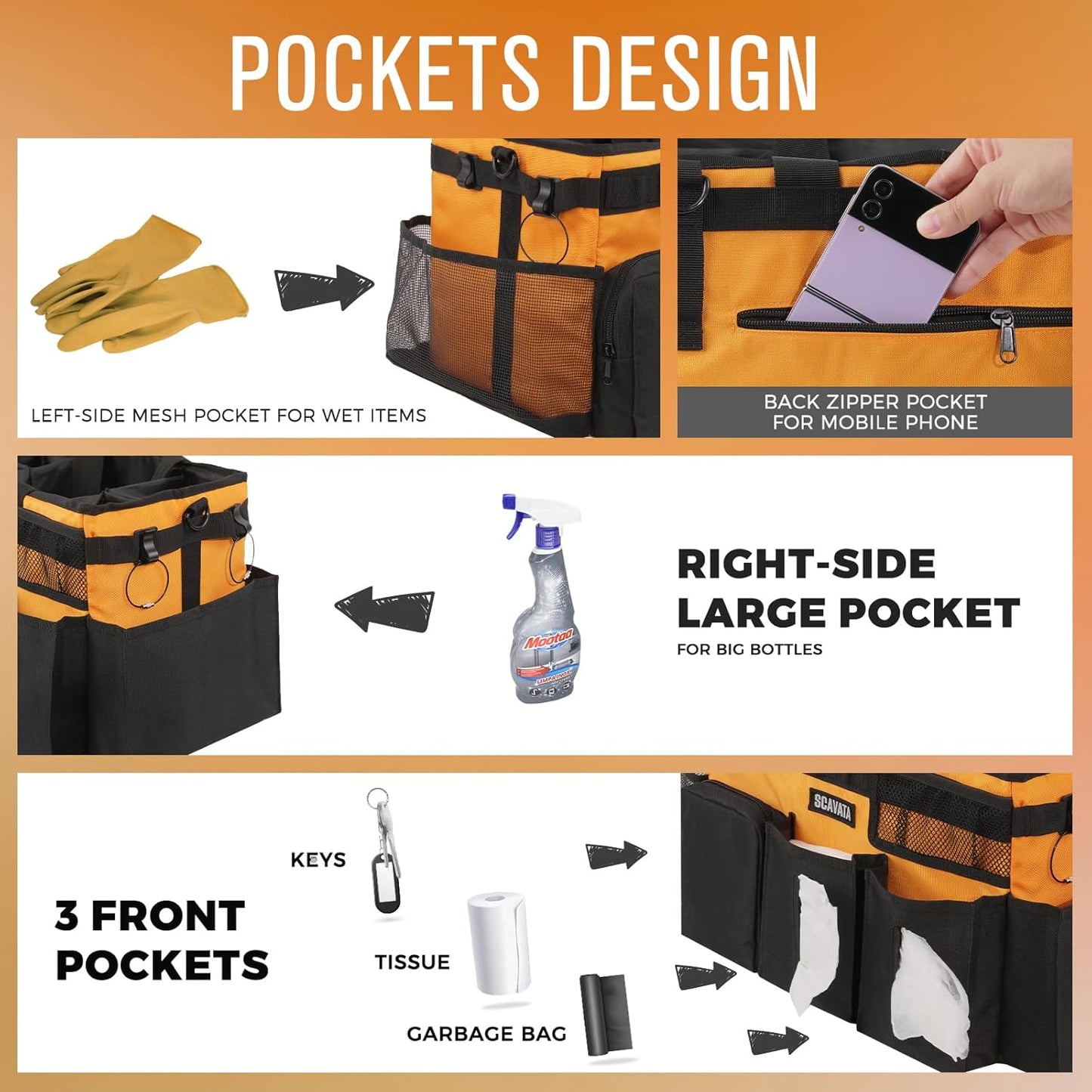 Wearable Cleaning Caddy Bag, Cleaning Caddy Supplies Organizer with Handle & Shoulder Straps for Housekeepers, Under Sink & Car Cleaning Tool Organizers with 4 Foldable Divider (Orange)