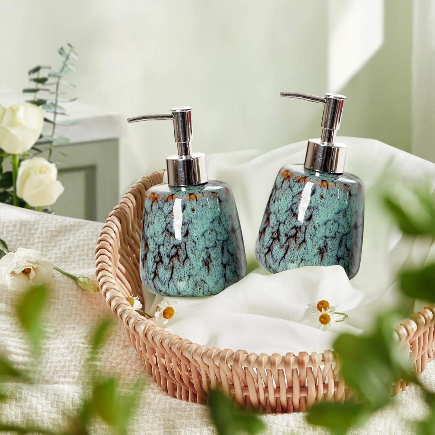 Jessie Hand Soap Dispenser,Green Ceramic Liquid Hand Soap Dispenser with Pump,Modern Vintage Refillable Hand Lotion Pump Bottle for Bathroom Kitchen Set 10.8 oz (Green)