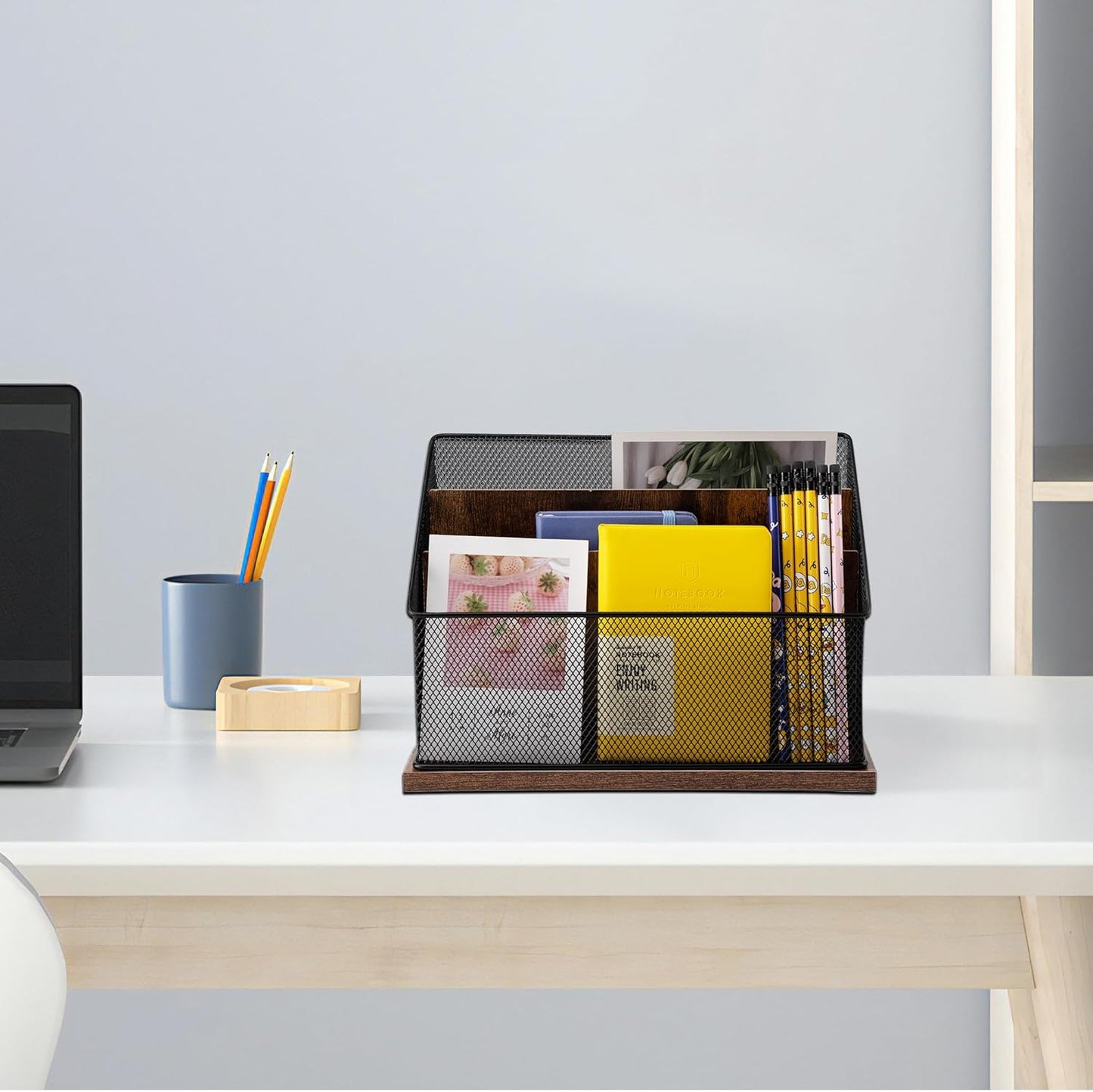 3-Tier Vertical File Storage with Retro Wooden Desk Mail Organizer and Metal Mesh Desktop Organizer for Home Office