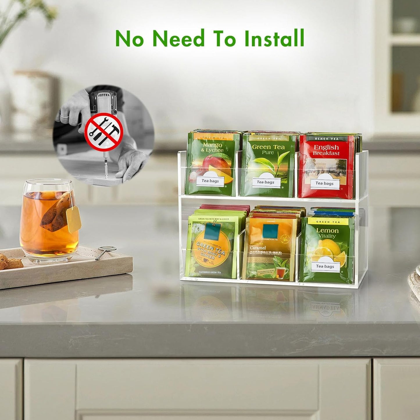 BEYGORM Acrylic Tea Bag Organizer for Tea Packets, No Assembly Required Display Holder for Countertop, Vertical Tea Bag Caddy for Cabinet, Tea bar Accessories, Teabags Storage Containers