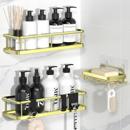 YASONIC Shower Caddy Adhesive, No Drill Bathroom Shower Organizers, with Removable Hooks and Soap Holder, Rust Proof Shower Shelves, Wall-Mounted Shower Holder, 3 Pack, Gold