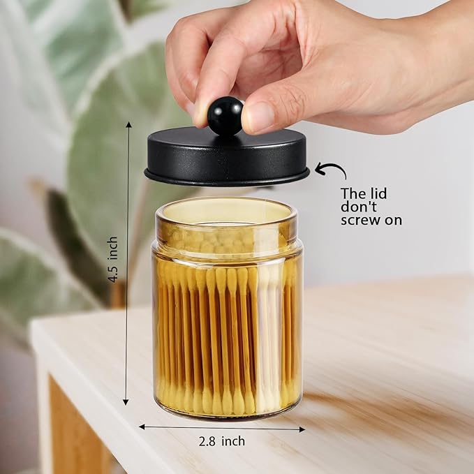 Amolliar Bronze Glass Apothecary Jar With Metal Lid & Stickers, Bathroom Qtip Dispenser Storage Canister, Perfect for Cotton Balls, Cotton Swabs, Makeup Pads, Bath Salt, Floss, 2 Pack (Black)