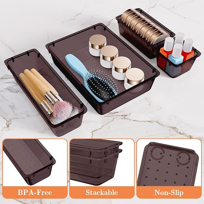 25 PCS Plastic Drawer Organizer Set, 4-Size Versatile Organizer Trays & storage Bins for Makeup, Jewelry, and Gadgets in Bathroom, Bedroom and Office,Brown