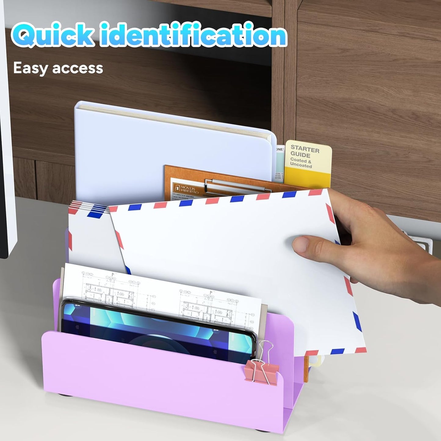 Mail Organizer Countertop, Small Desk File Organizer, Metal File Holder - Essential Workspace Organizers for Office Desk, Home Office (Purple)