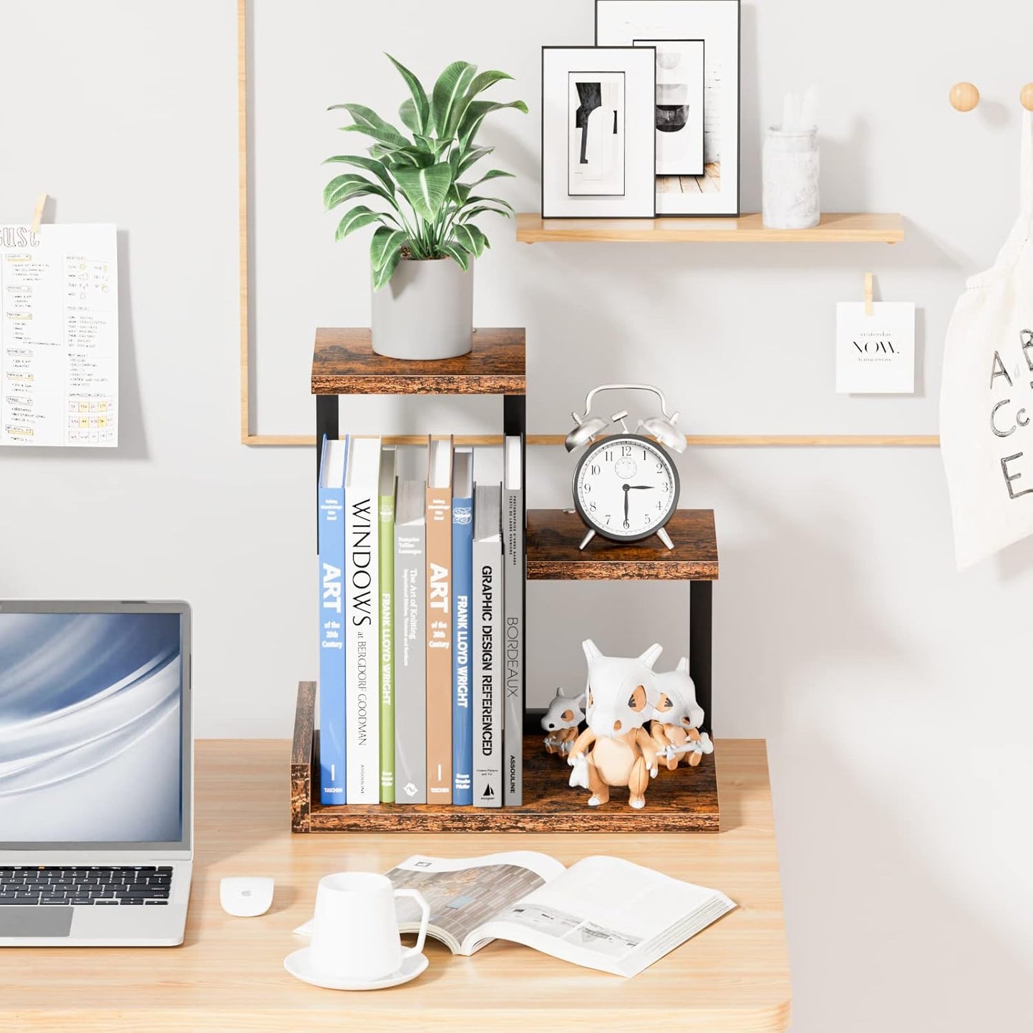 Gannyfer Desk Shelf Organizer - Wood Desktop Shelf, Freestanding Desk Hutch Office Decor, 3 Tier Storage Display Rack, Small Bookshelf with Metal Frame for Books/Plants/Toys (Rustic Brown Black)