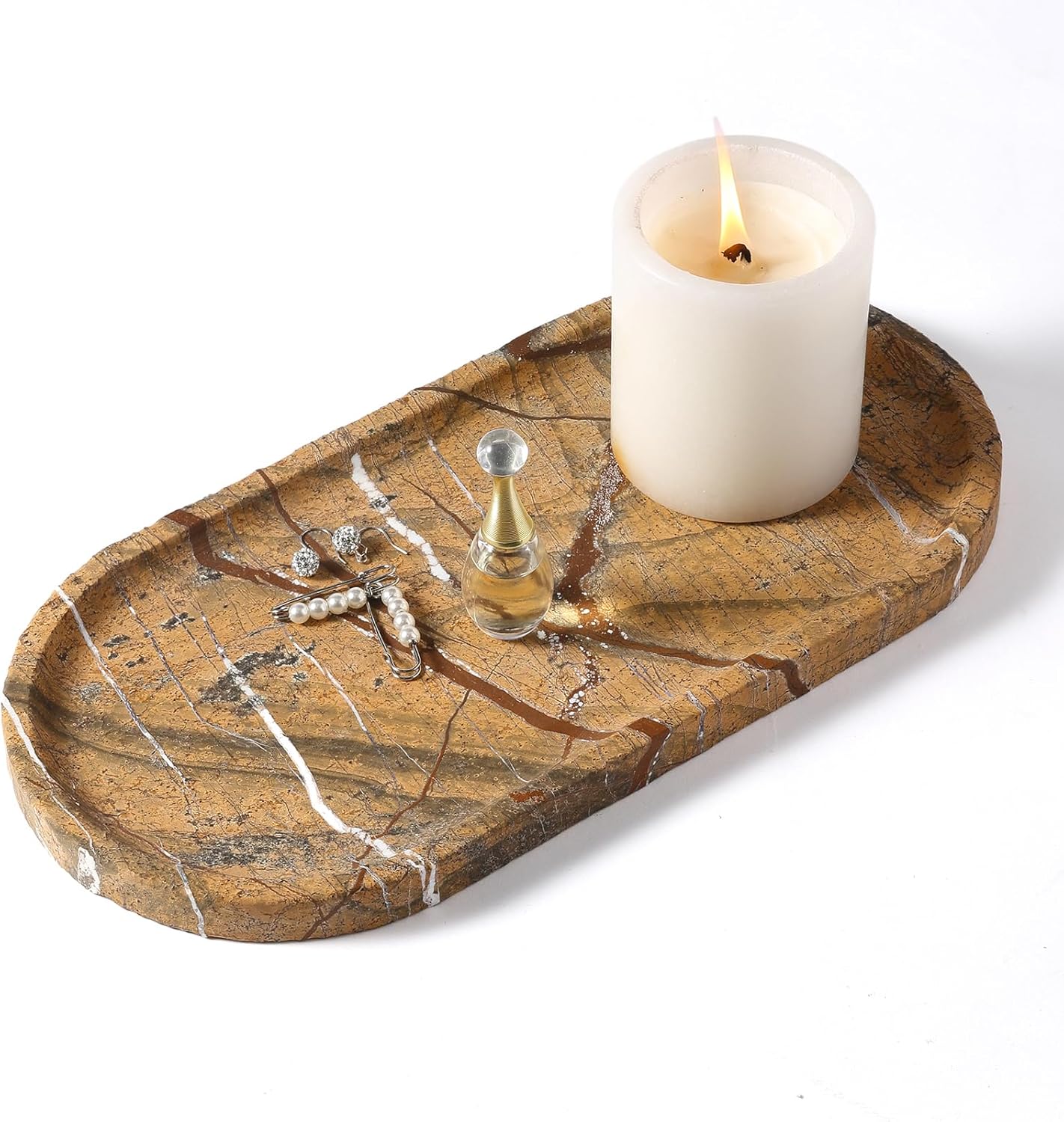 Koville Indian Natural Marble Decorative Tray, 12"x6" - Countertop Organizer, Catchall for Perfume, Candles, Jewelry