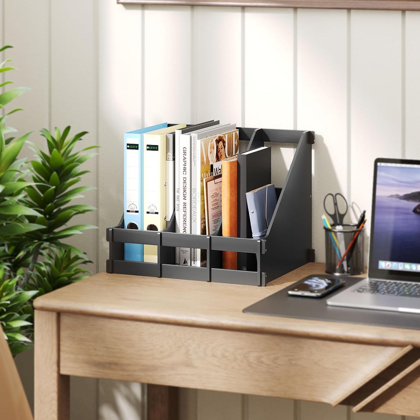 Bamboo Desktop Magazine Holder Desk File Organizer 3 Compartments Vertical File Dividers Book Holder Frames Document Cabinet Rack Storage Organizer Box for Home Office School Black (Black)