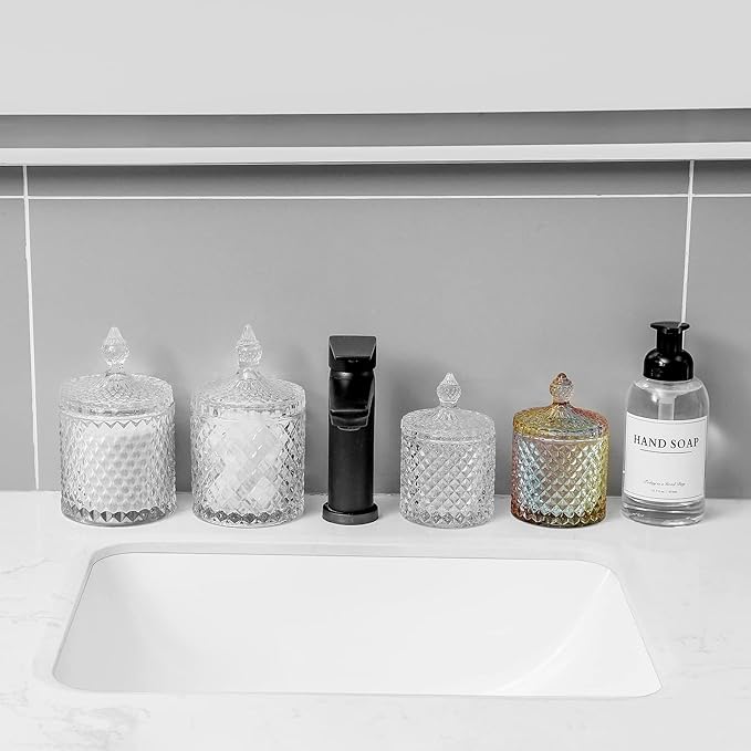 rejomiik Qtip Holder Glass Apothecary Jars with Lid Bathroom Accessories Vanity Organizers and Makeup Storage for Cotton Swabs, Makeup Sponges, Candy, Jewelry, 2 Pack Large Clear