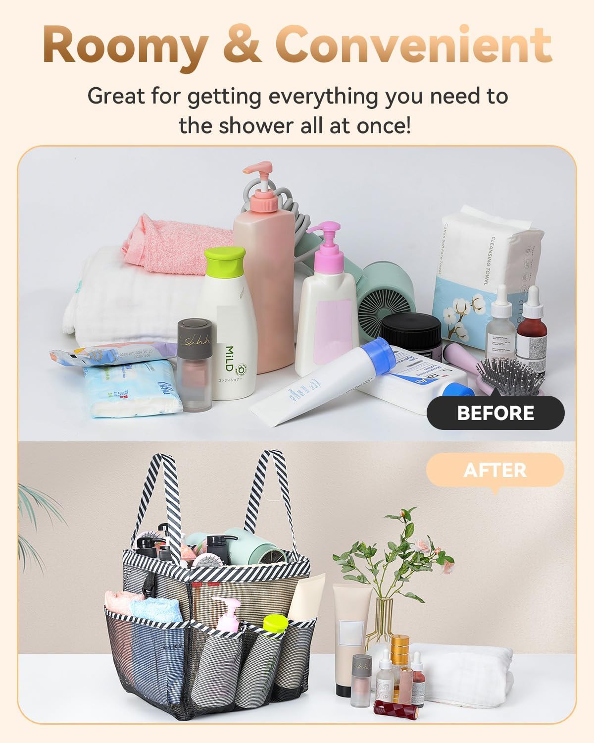 Temede Mesh Shower Caddy Tote, Large Shower Caddy Basket Portable, Quick Dry Hanging Toiletry Bag, 8 Storage Pocket Handle Bath Organizer for College Dorm, Gym, Camp, Travel