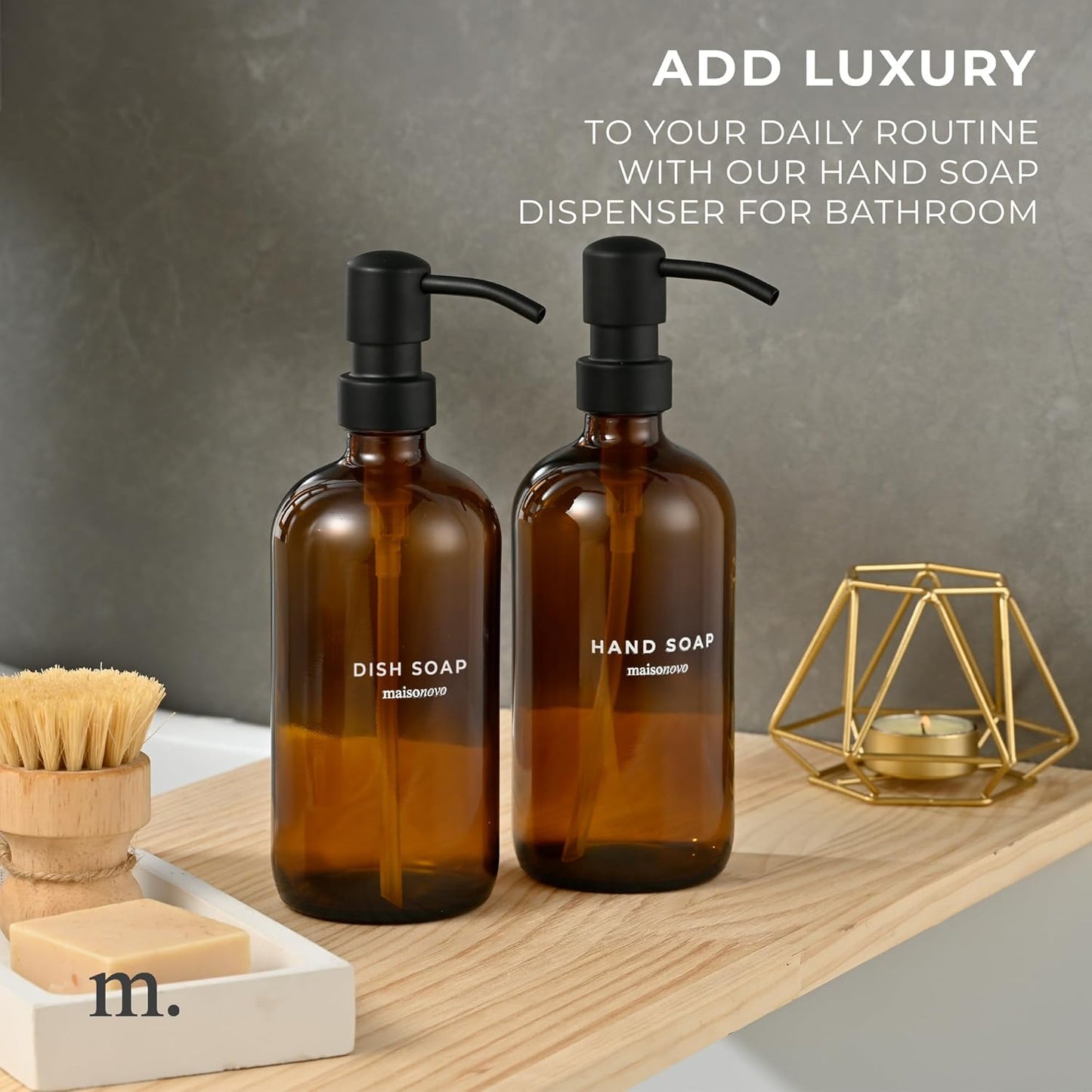 MaisoNovo Soap Dispenser 2-Piece Set | 16.9oz Amber Bottles with Black Stainless Steel Pumps