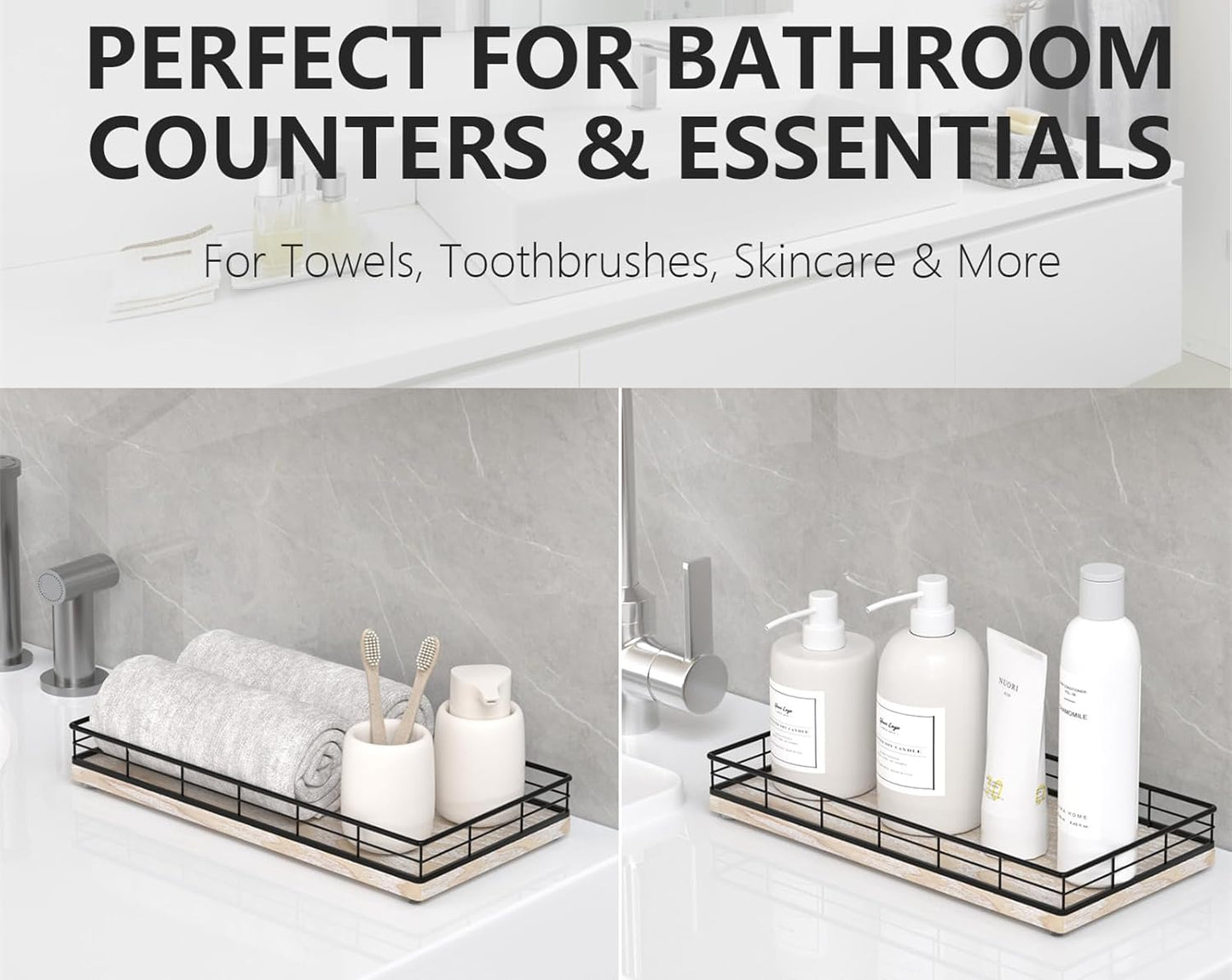 Toilet Paper Basket Organizer – Ash Wood Toilet Tank Tray with Metal Frame, Back of Tank or Top Bathroom Counter Storage – Black & Whitewashed Modern Decor