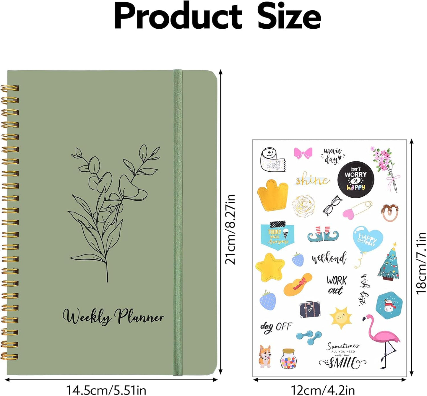 Undated Weekly Planner, A5 Weekly To Do List Notebook with Habit Tracker Spiral Binding Weekly Planner Notebook with Stickers Home Work School Supplies, Sage Green