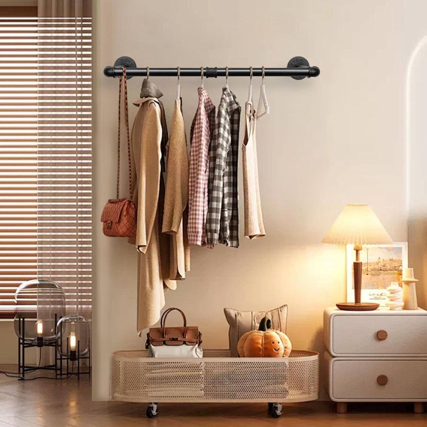 Industrial Iron Pipe Clothes Hanging Bar DIY Wall-Mounted Garment Rack Heavy Duty Clothing Rack for Bedroom, Laundry Room, Closet Storage (Black 24 inch)