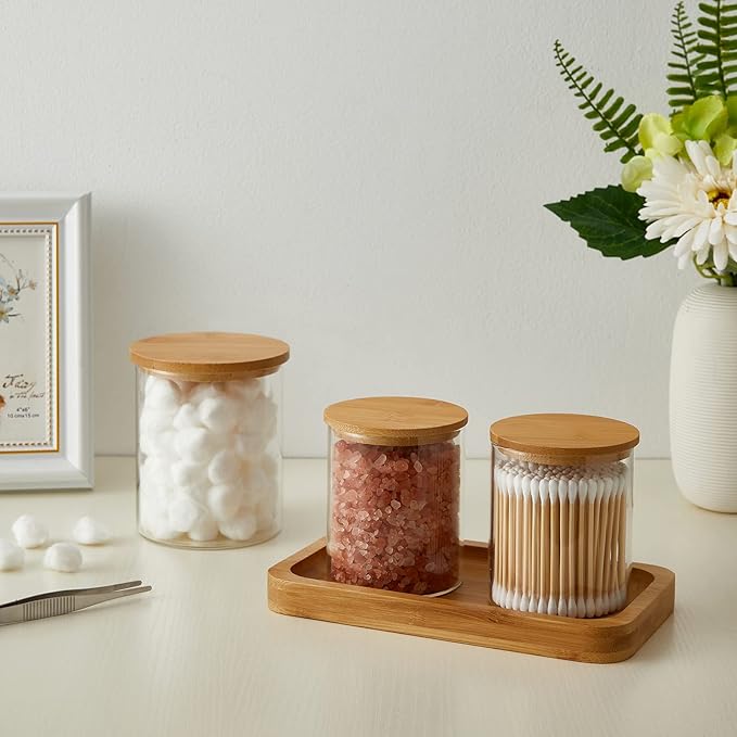 4 Pack Glass Qtip Holder Dispenser Glass Apothecary Jars with Lids Cotton Ball Swab Pad Holder Bathroom Essential Canisters Accessories Jars for Bathroom Organization Vanity Organizers