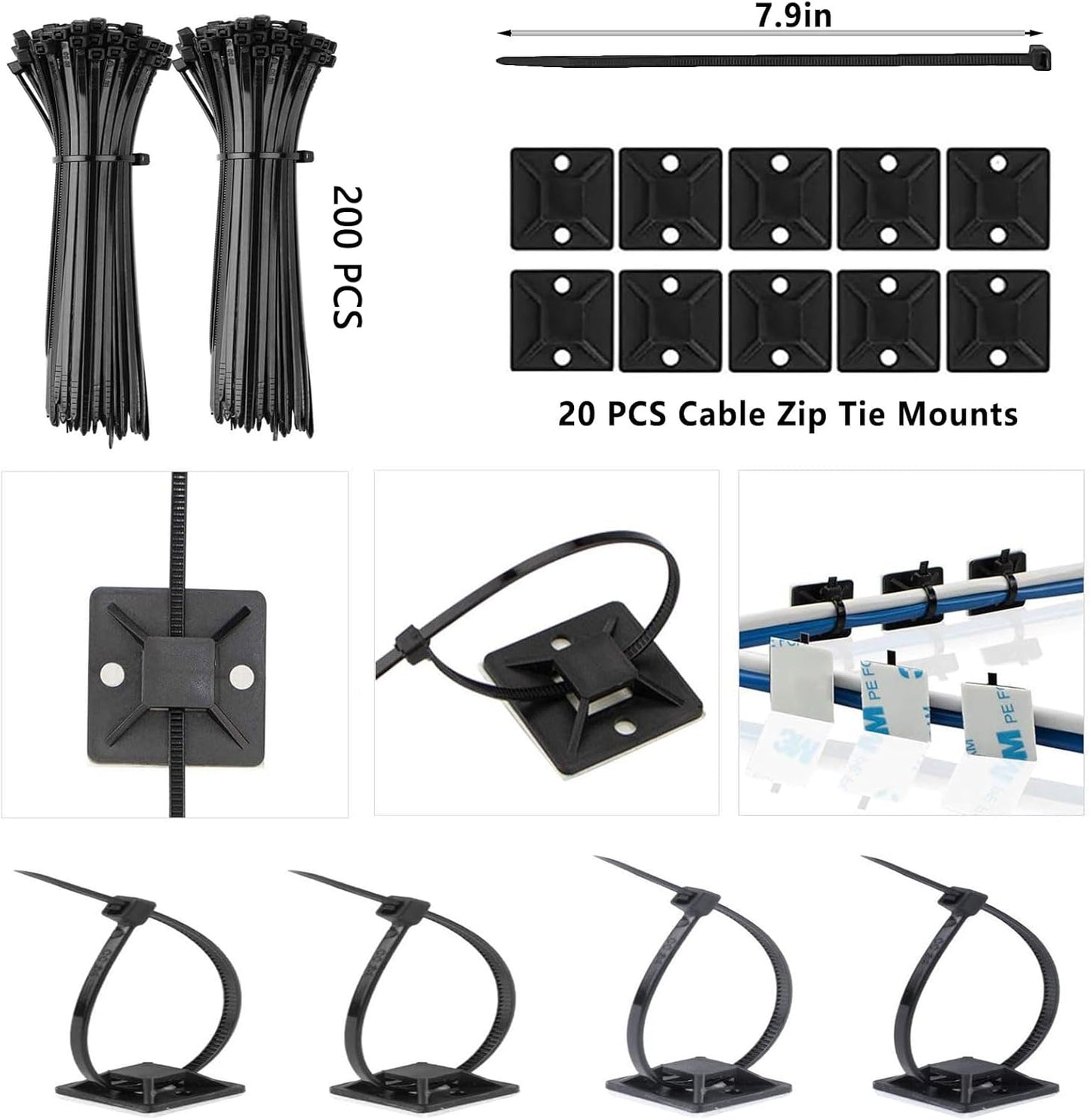 ELII 302PCS Cable Management Kit 4 Cable Sleeve,45Cable Clips,11Cable Holders,22 Roll Cable Organizer Straps and 200 Fastening Cable Ties,20 Cable Zip Tie Mounts Computer Under Desk (Black)