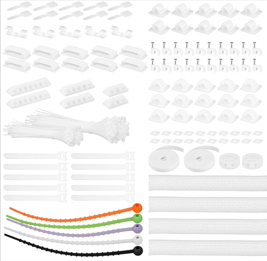 319pcs Cable Management Organizer Kit, Desk Cord Organizer, 98 Adhesive Cable Clips Holder, 17 Reusable Cable Strap, 4 Cable Sleeve Split, and 200 Nylon Cable Zip Ties (White)
