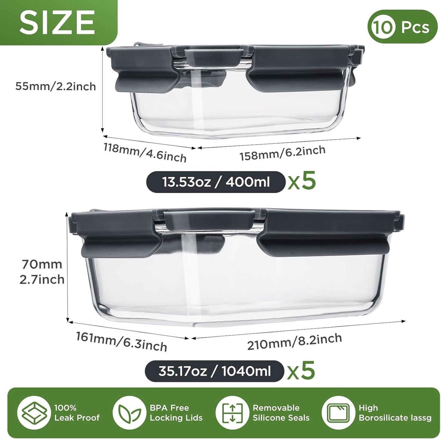 Glass Food Storage Containers with Lids,10 pack [36oz*5+13.5oz*5], Glass Meal Prep Container with Airtight Lids, Microwave Safe Food Container Set, BPA Free, LeakProof, Ideal for Lunch