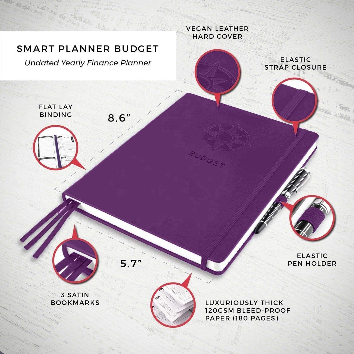Smart Planner Budget Book – A5 Size 8.6 x 5.7 inches – Undated Budget Planner Organizer with Calendars, Debt Tracker, Expense Sheets, Savings Trackers and More – Inner Pocket for Receipts (Purple)