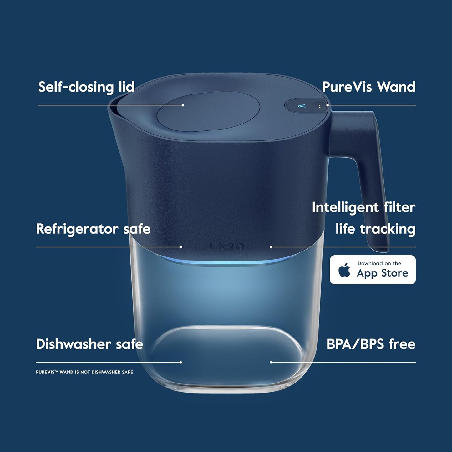 LARQ PureVis 3-in-1 Water Pitcher – Purifier, Filter & Tracking, 8-Cup Water Purifier Pitcher with Advanced Filter for Clean & Crisp Water – Removes Chlorine, PFAS, Lead & More – Monaco Blue