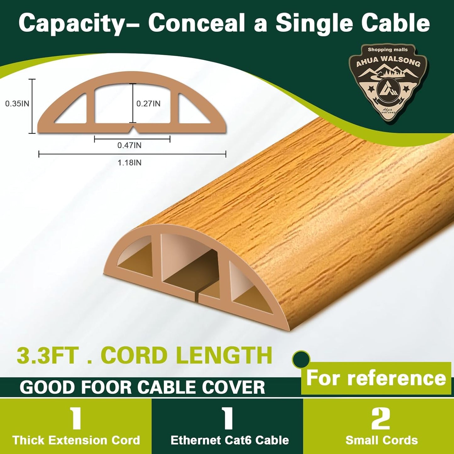 Floor Cord Cover Cable Cavity Self Adhesive Hider - Electric Cord Covers for Living Rooms, Offices - Cable Cover Protector (Wood Brown, 1.18" x 3.3')