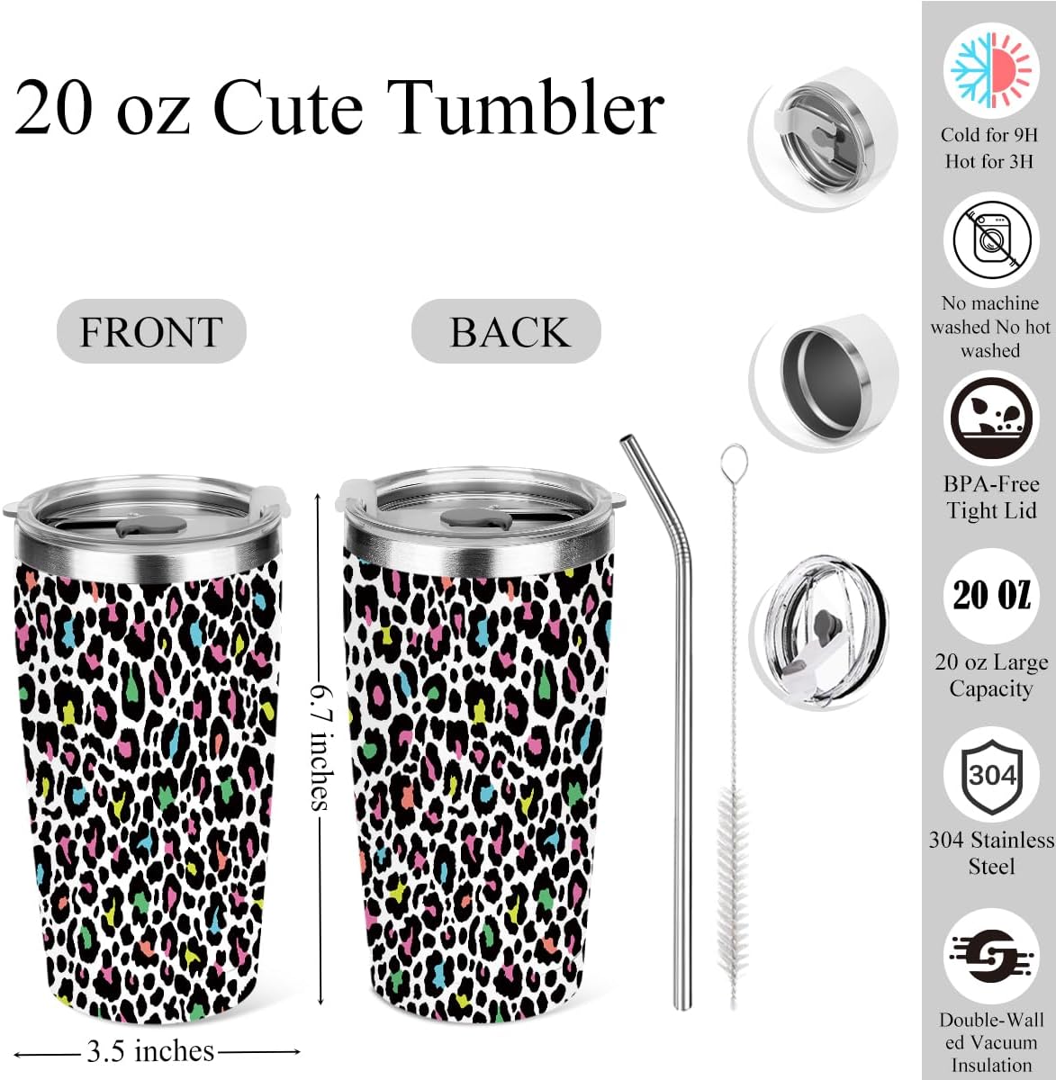 20 oz Insulated Tumbler，Tumbler with Lid Straw, Leopard Decor Insulated Travel Coffee Mug Stainless Steel Cup for Cold Hot Drink Gift for Women Friend Christmas Birthday Friendship ((Neon Leopard))