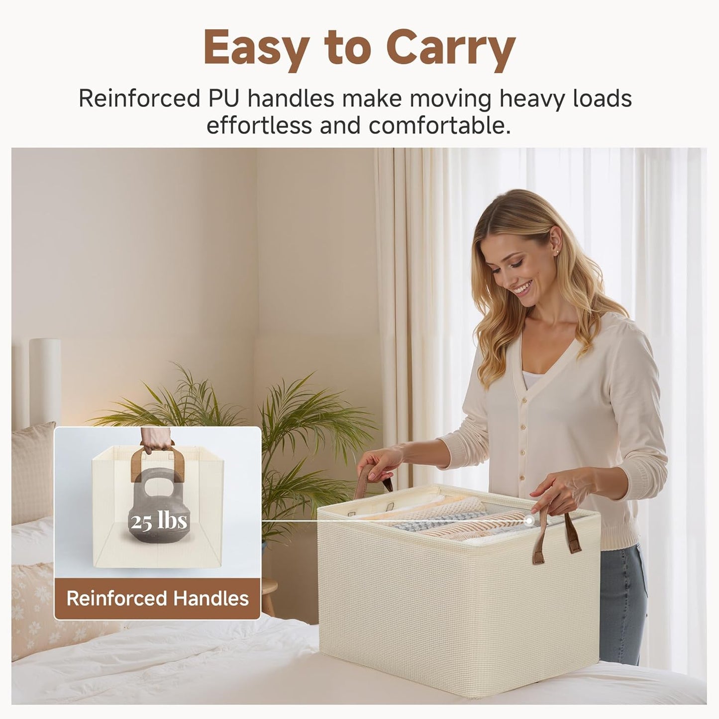 StorageWorks Storage Bins, Shelves Baskets for Organizing, 45L Extra Large Fabric Closet Organizers with Handles, Metal Frame, Beige（Texture）, 2-Pack